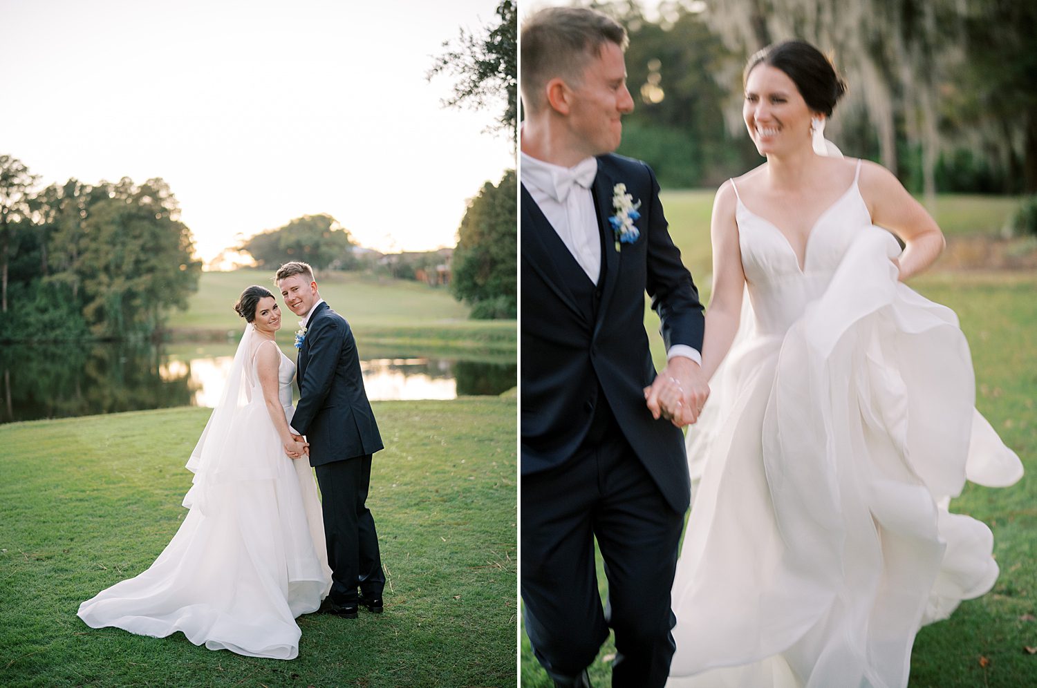 bride and groom hold hands walking across lawn at Innisbrook Resort