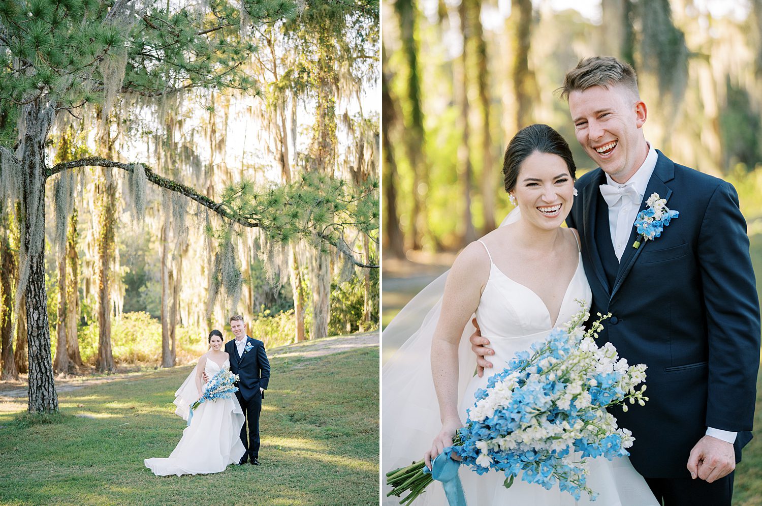 bride and groom hug while bride holds bouquet of blue and white flowers 