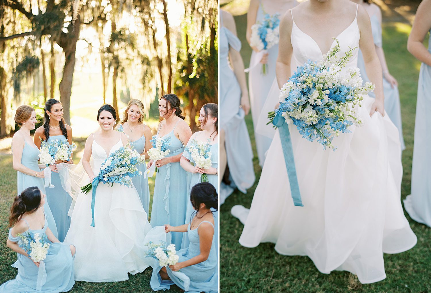 bride smiles with bridesmaids in light blue gowns at Innisbrook Resort