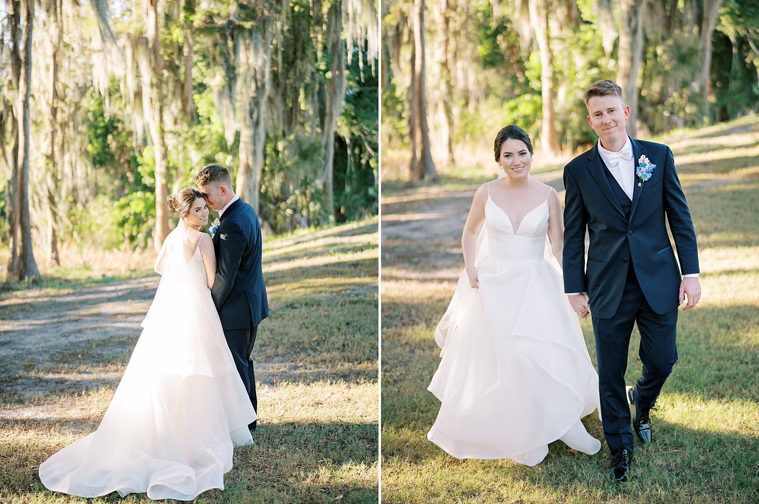 bride and groom hold hands walking down driveway at open air reception at Innisbrook Resort