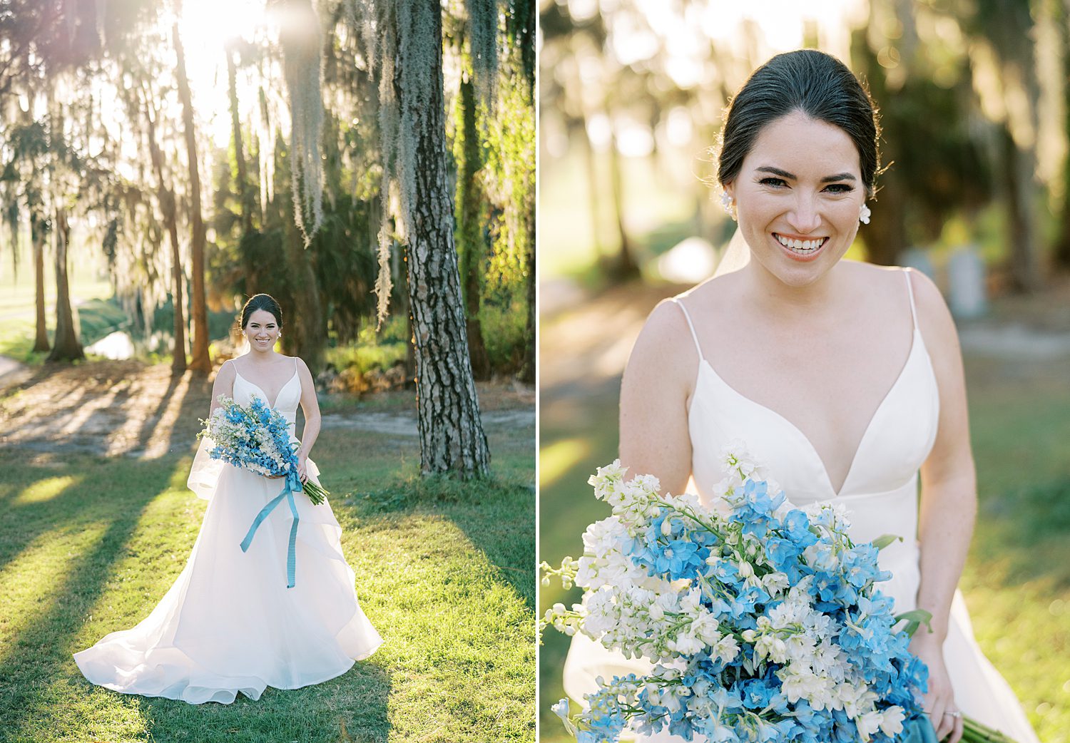 bride holds bouquet of blue and white flowers at Innisbrook Resort