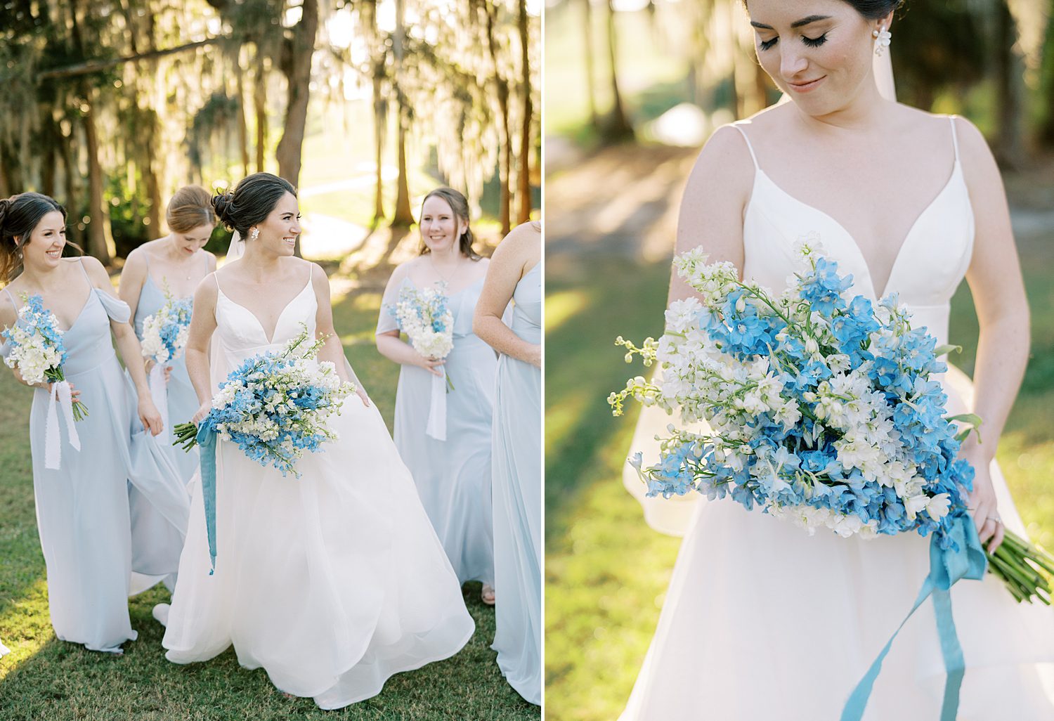 bride holds bouquet of blue and white flowers at open air reception at Innisbrook Resort