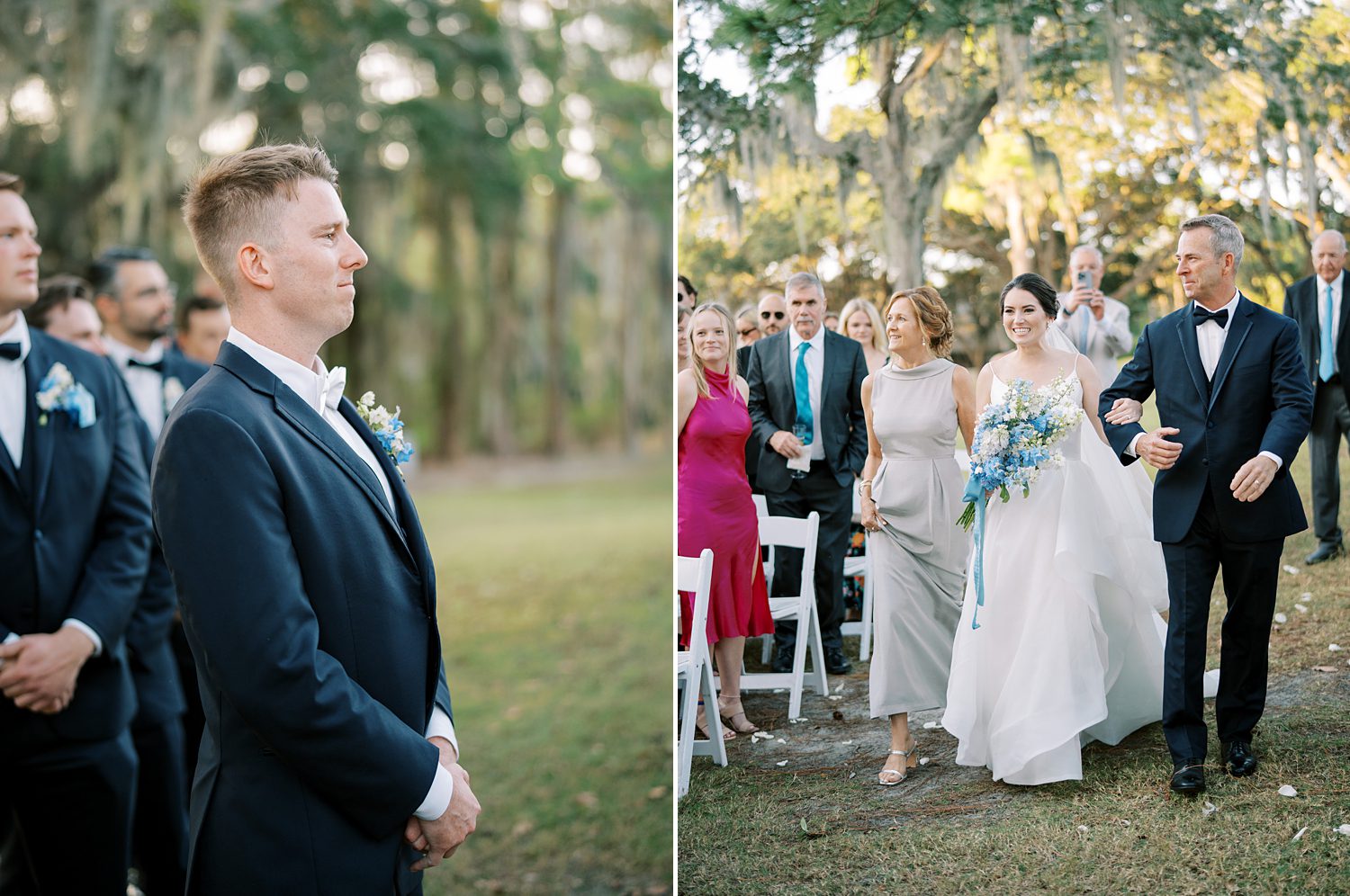bride walks down aisle to meet husband under trees at open air reception at Innisbrook Resort