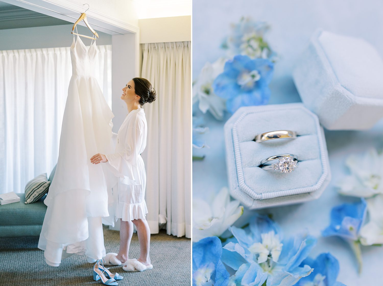 bride looks at wedding dress hanging in suite at open air reception at Innisbrook Resort with rings in blue ring box
