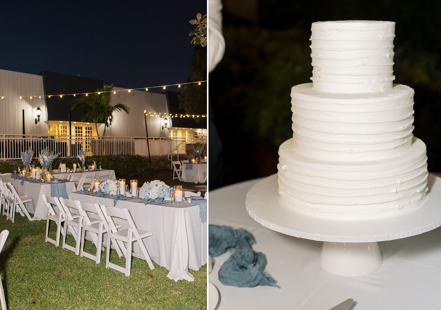 tired white cake for wedding reception at open air reception at Innisbrook Resort