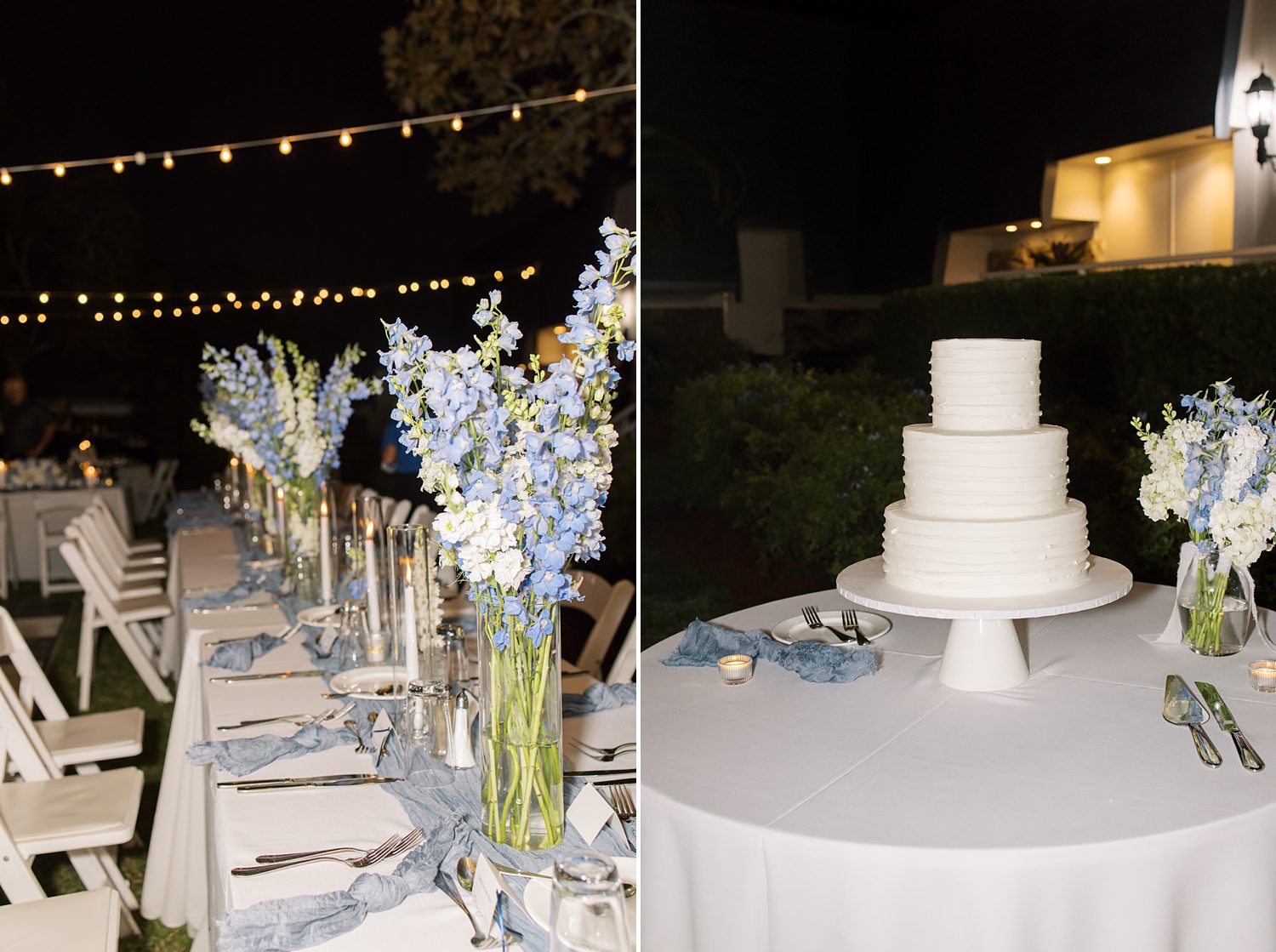 tiered wedding cake with blue and white floral centerpieces for open air reception at Innisbrook Resort