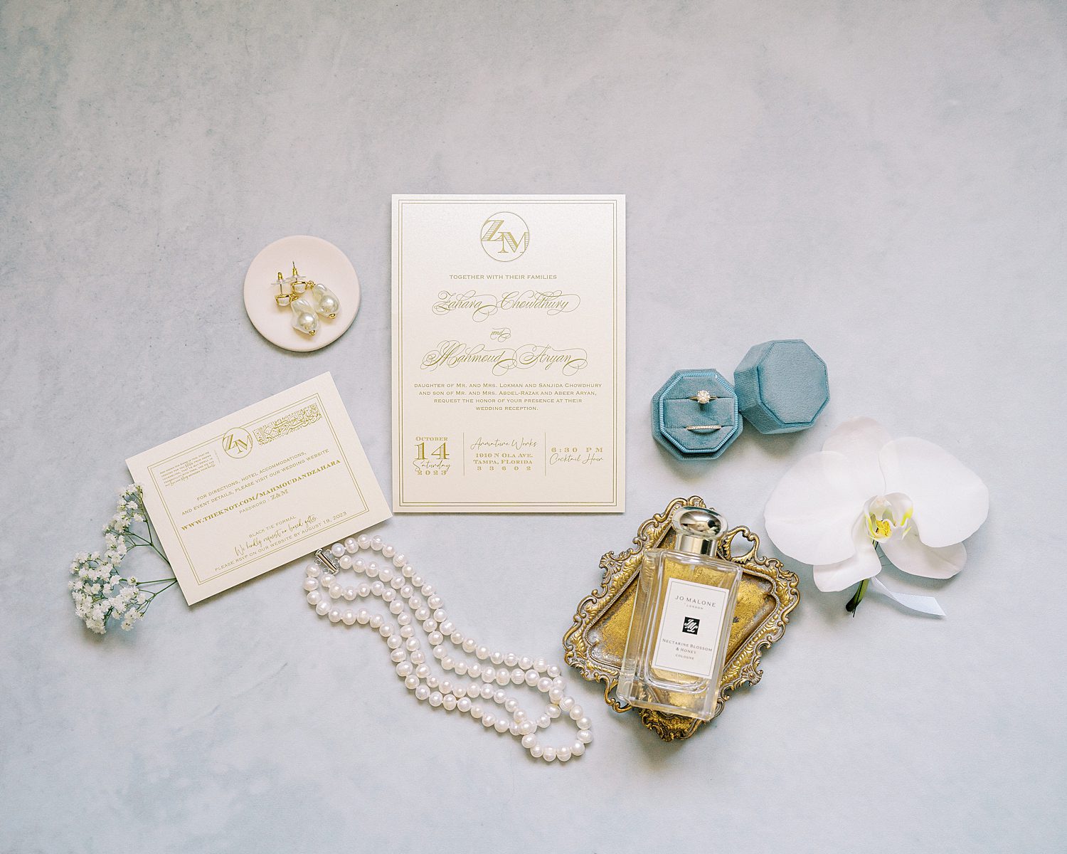 invitation suite and ring box by gold tray for classic Tampa wedding day