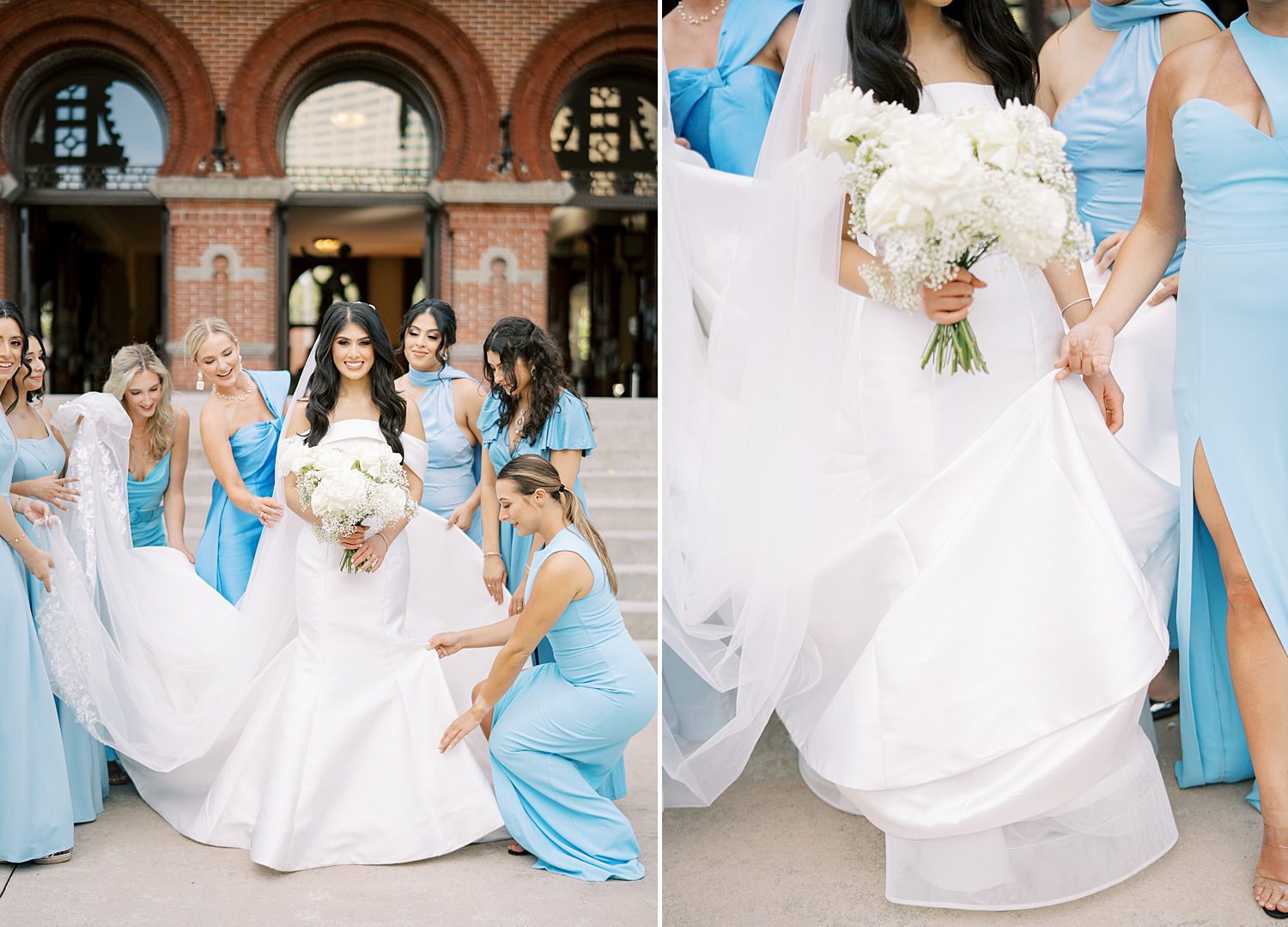 bride poses with bridesmaids in baby's blue dress