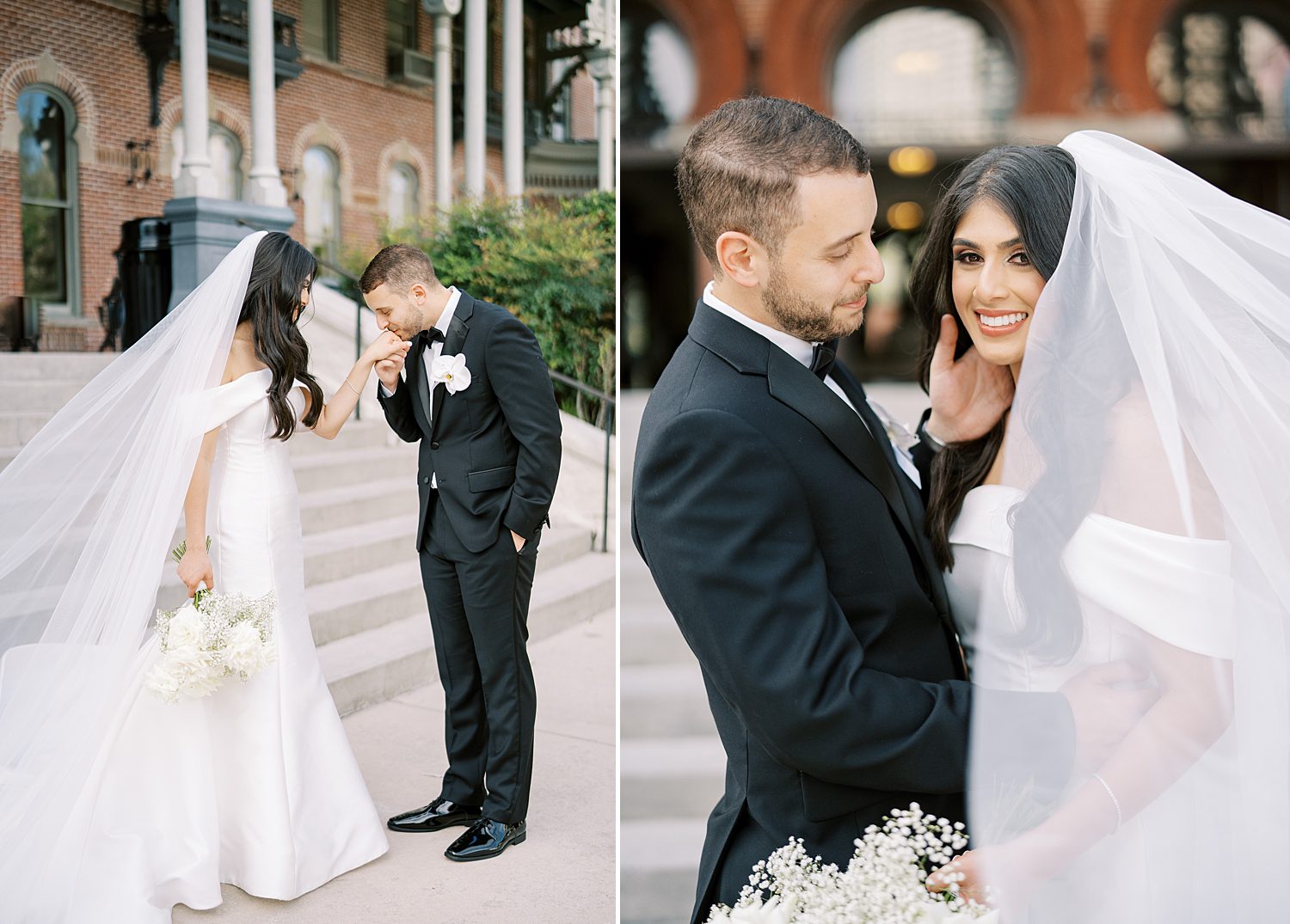 newlyweds hug on steps of Armature Works with bride's veil around them