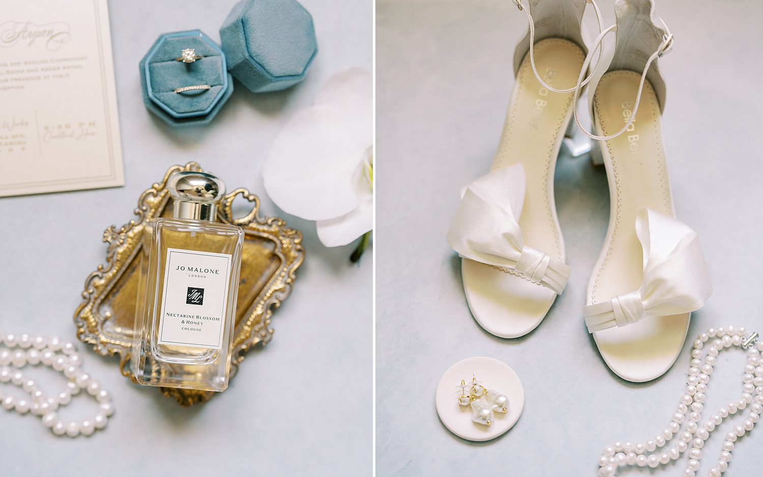 bride's shoes, perfume bottle, and ring box for traditional FL wedding day