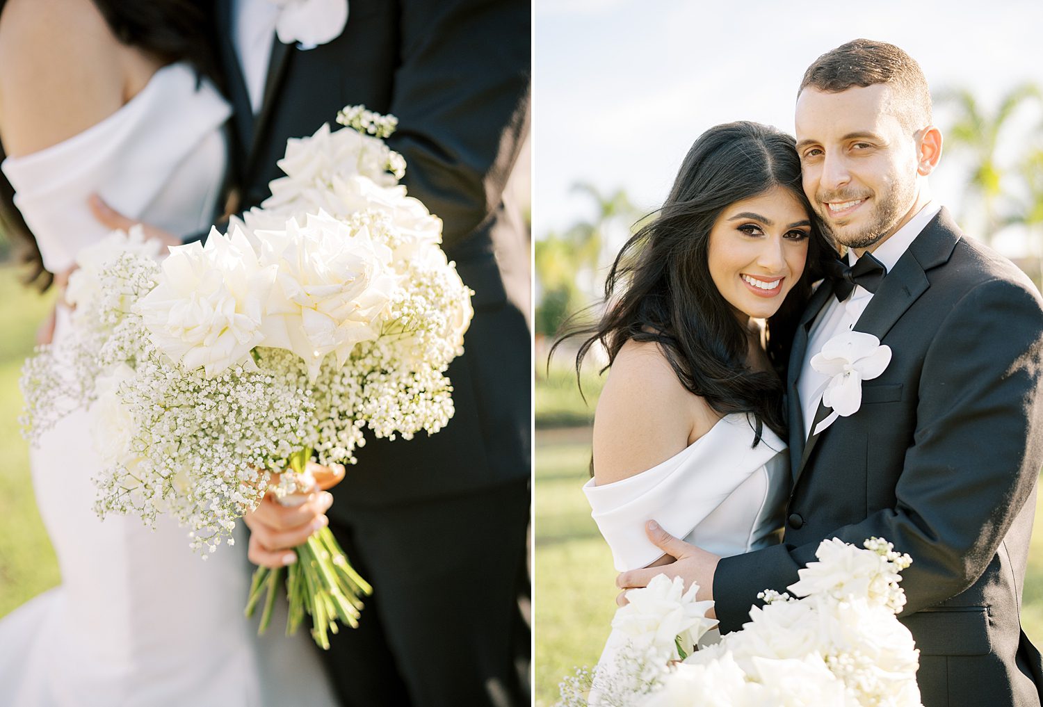 groom in tux holds bride to him with bouquet of white roses and baby's breath 