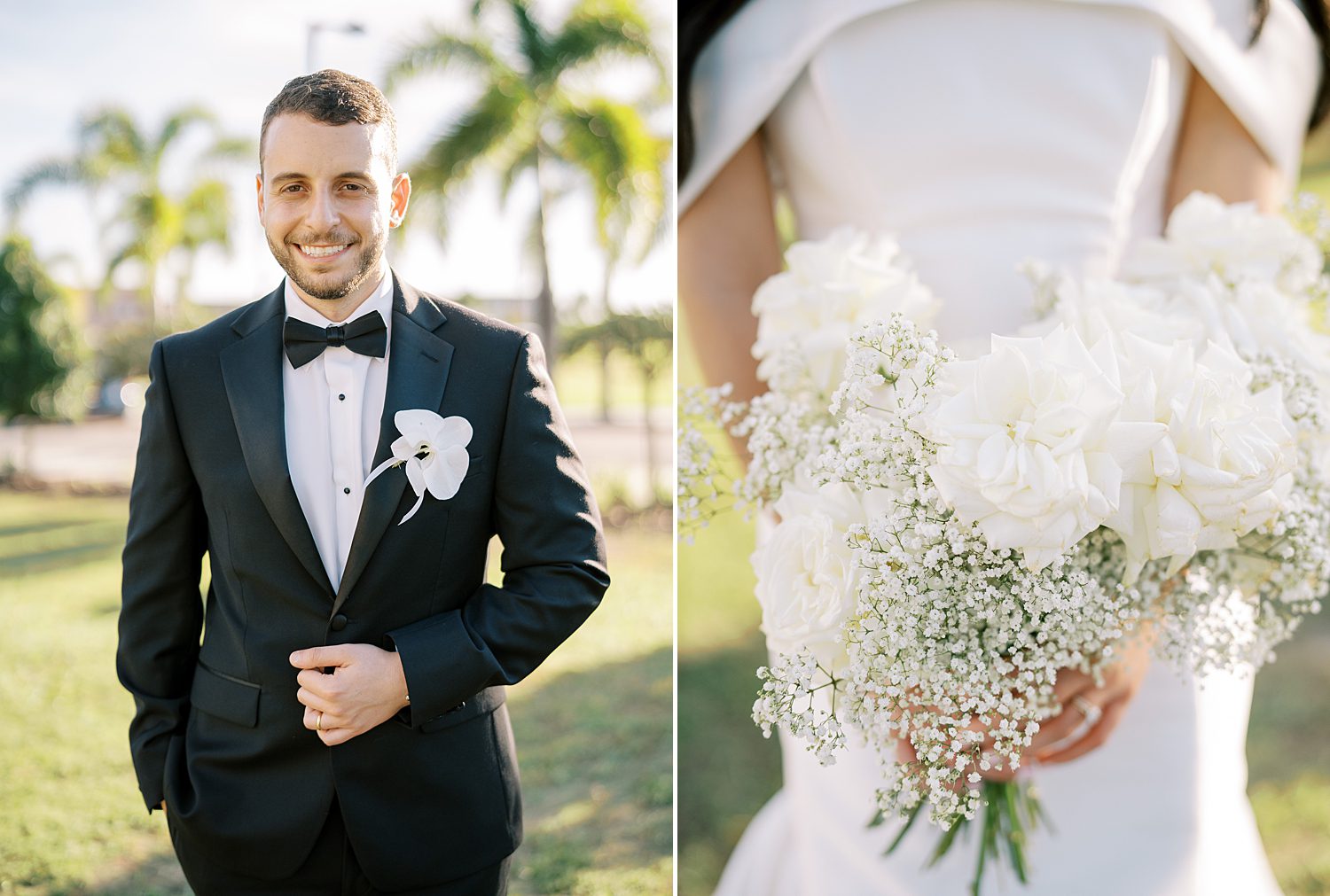 bride holds bouquet of white roses and baby's breath in Tampa FL