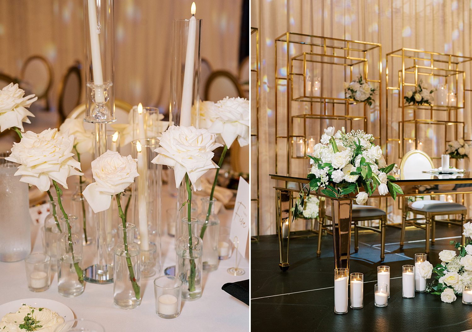 white rose centerpieces for reception at Armature Works