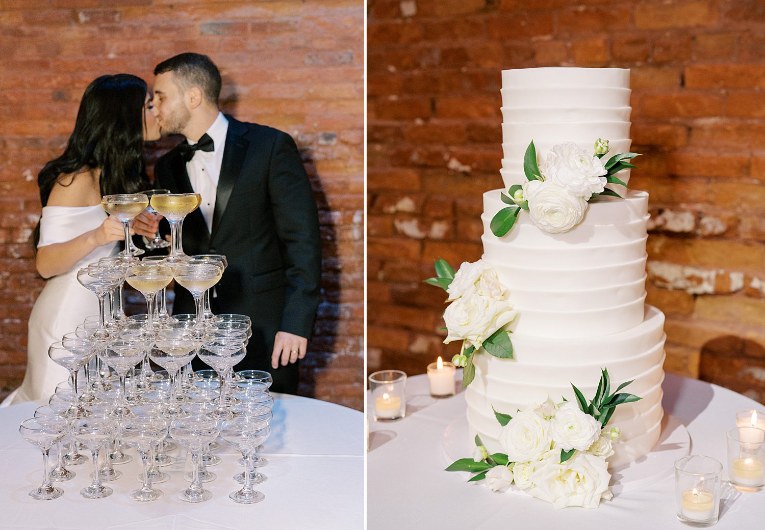 bride and groom kiss behind champagne glass tower with tiered wedding cake 