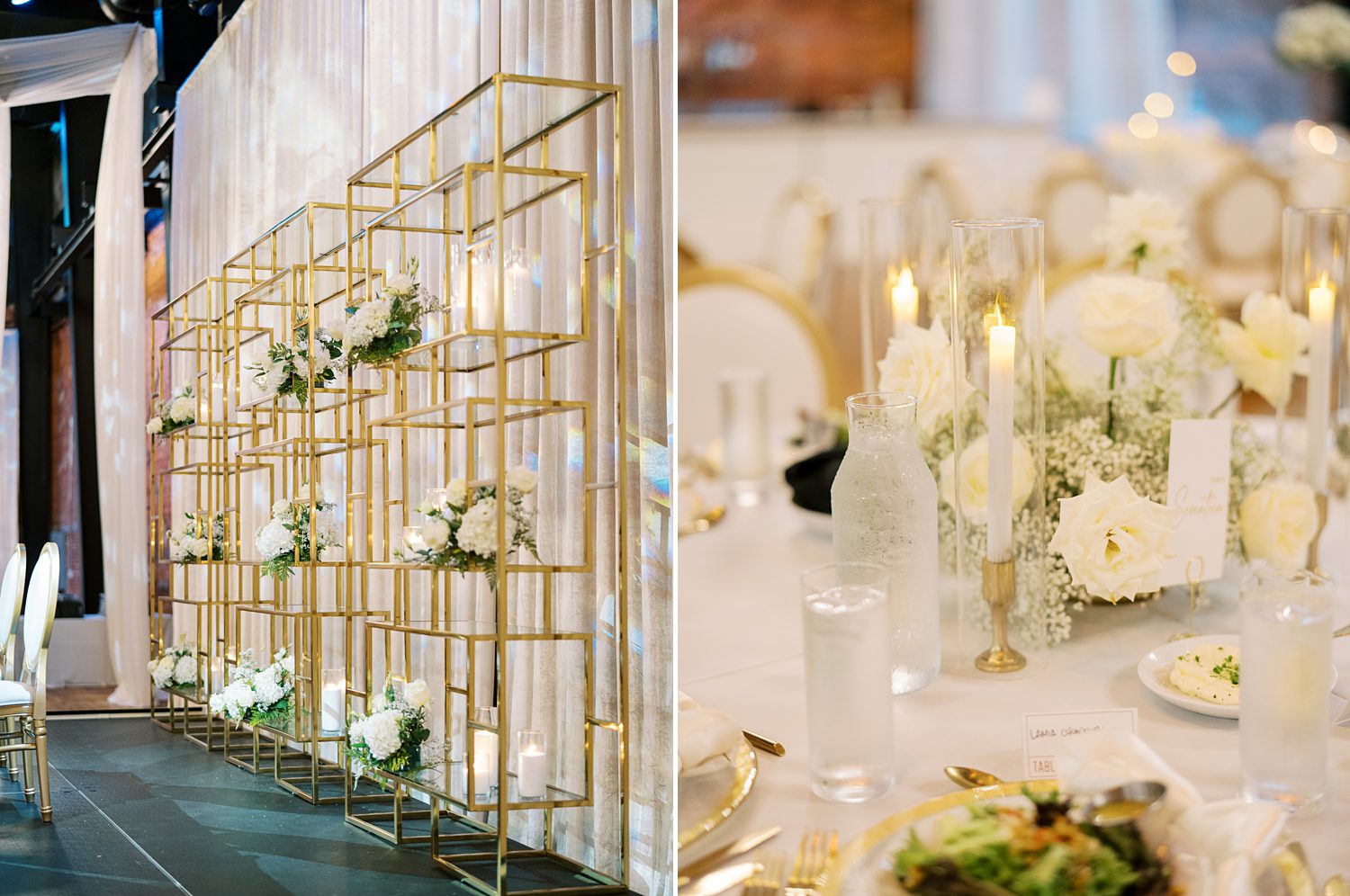 white flowers and decor sit on gold shelving for Armature Works wedding reception in Tampa FL