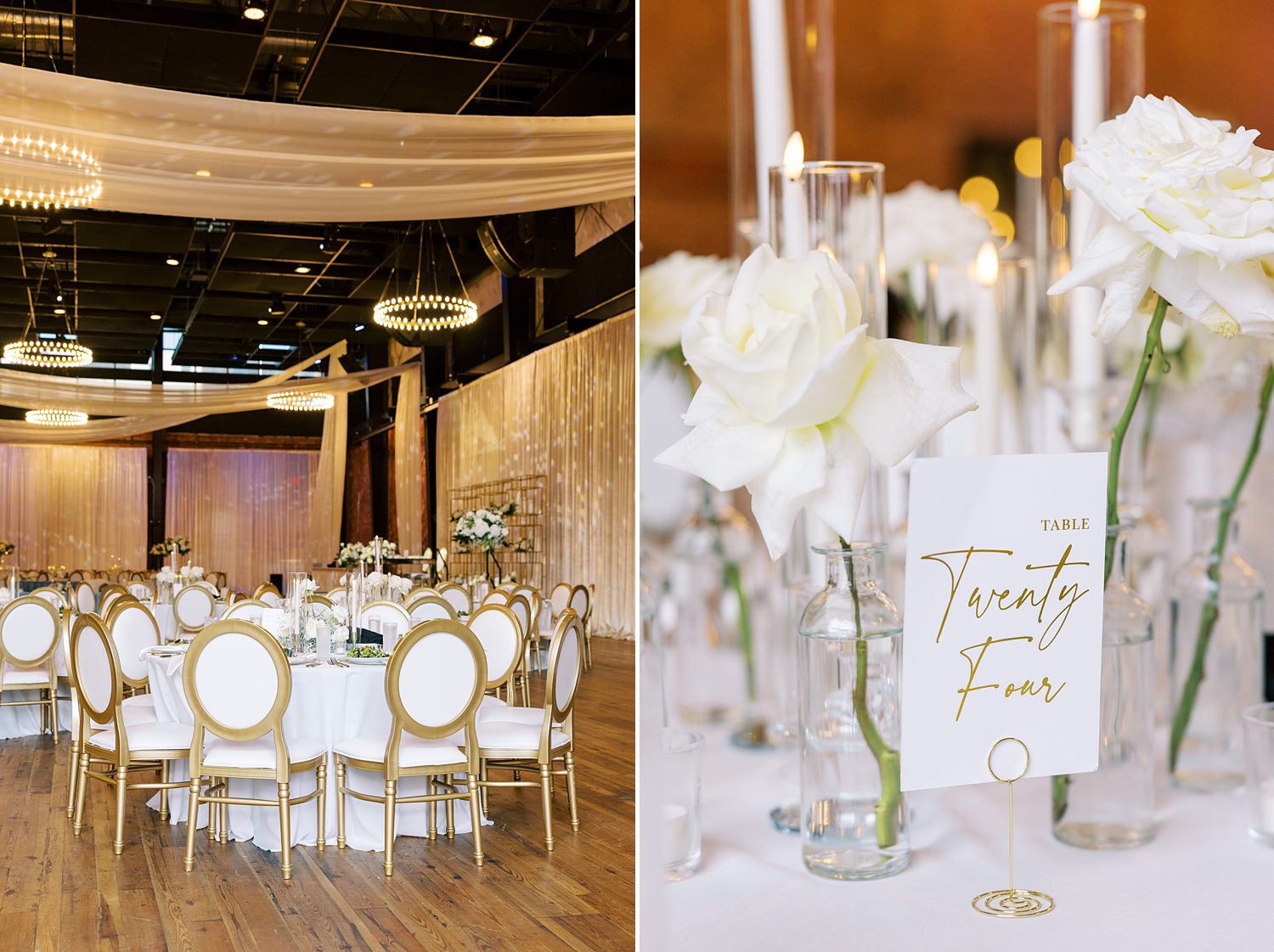 centerpieces with white roses and taper candles for traditional wedding reception at Armature Works 