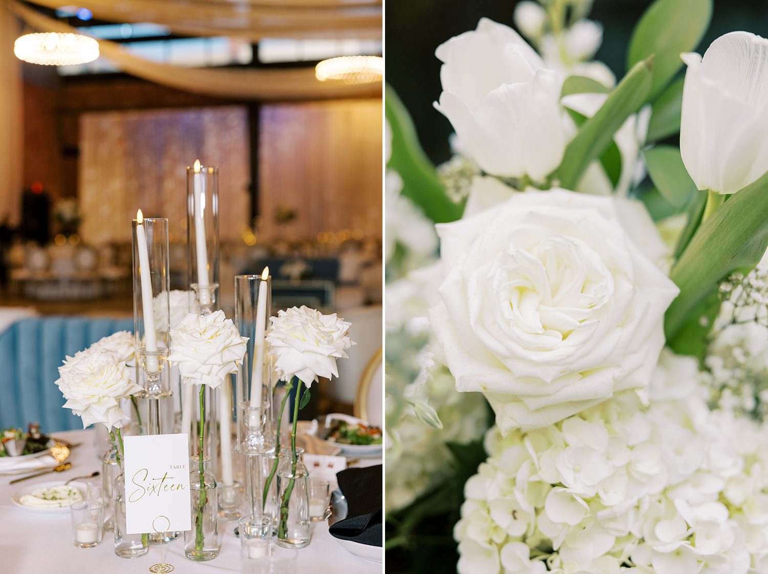 wedding reception with white roses and taper candles for traditional wedding reception at Armature Works