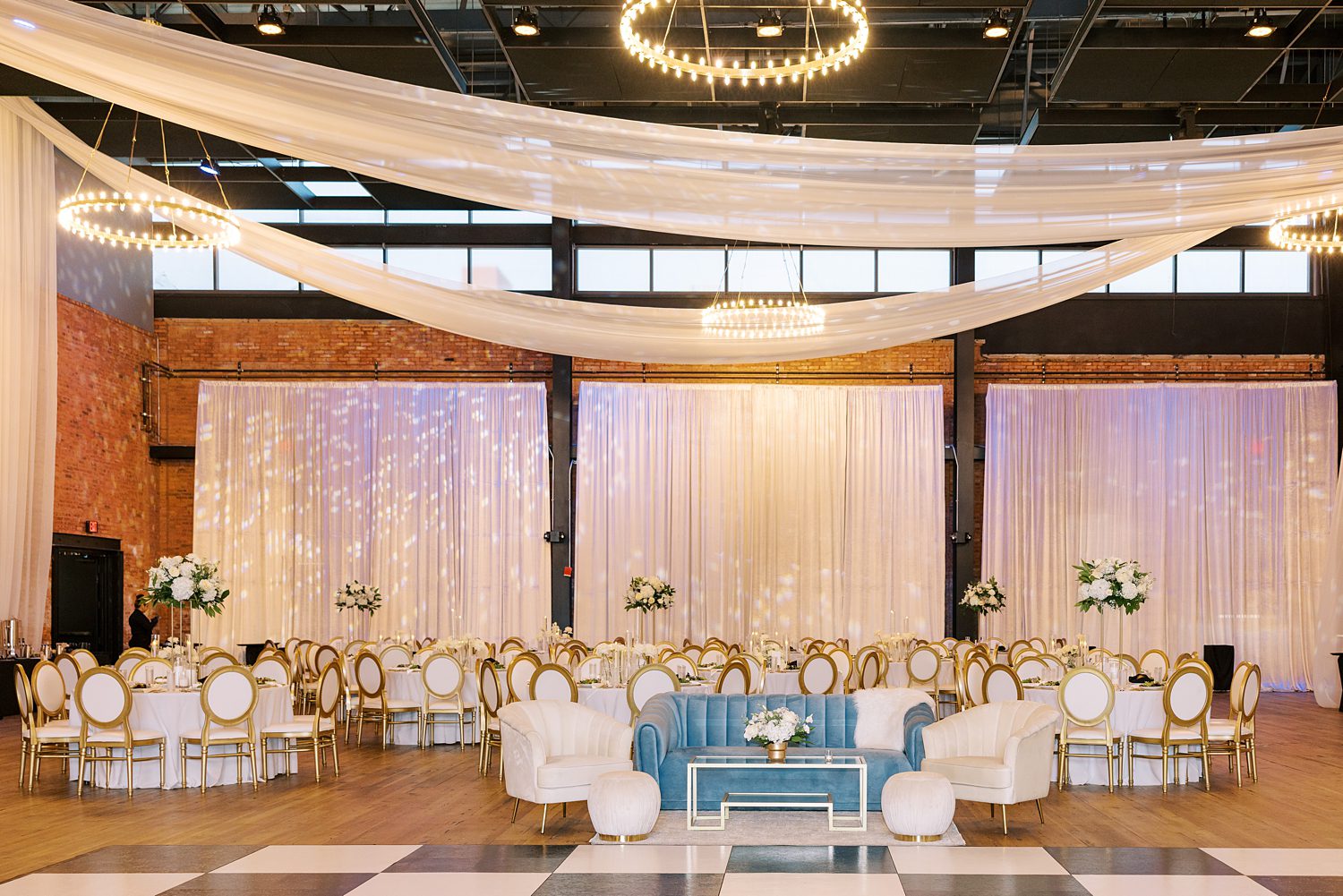 Armature Works wedding reception in Tampa FL with blue and white accents