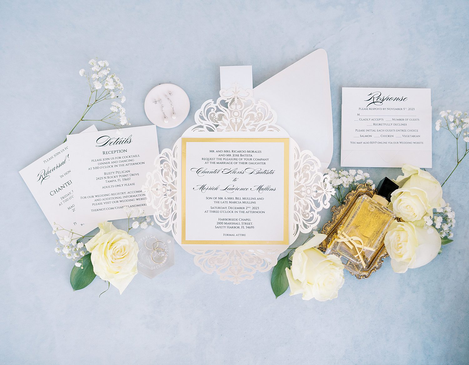 blue, gold, and ivory invitation suite for Tampa FL wedding
