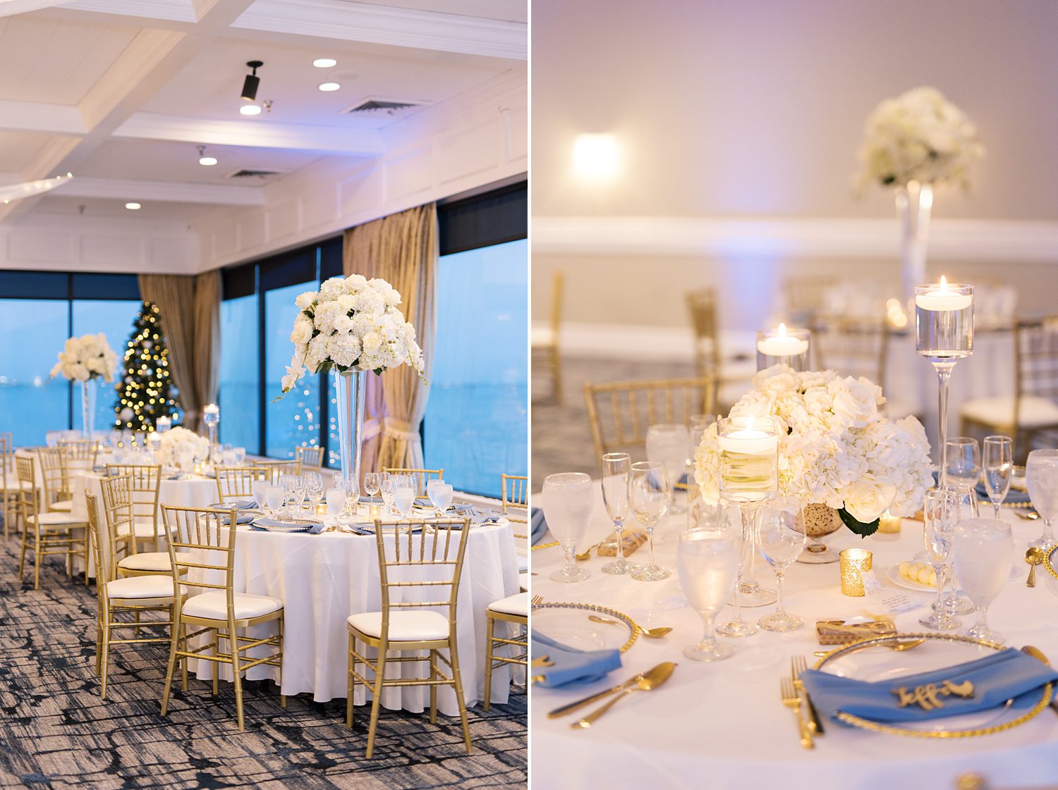 Rusty Pelican Tampa wedding reception with blue and white accents on each table 