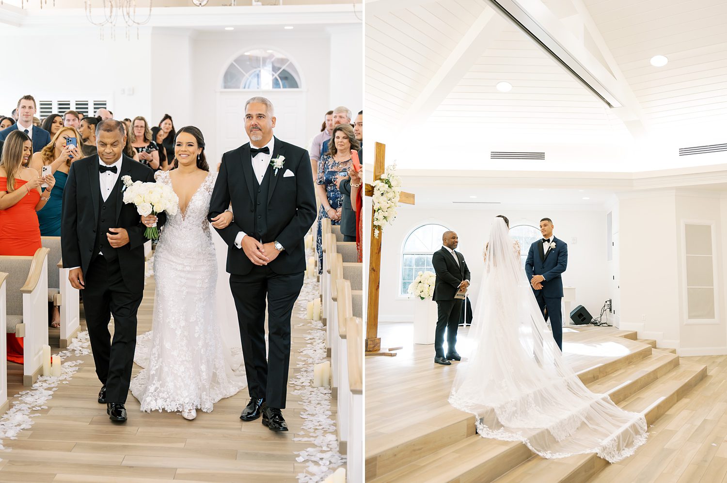 bride walks down aisle with father and stepfather at Harborside Chapel in Tampa FL