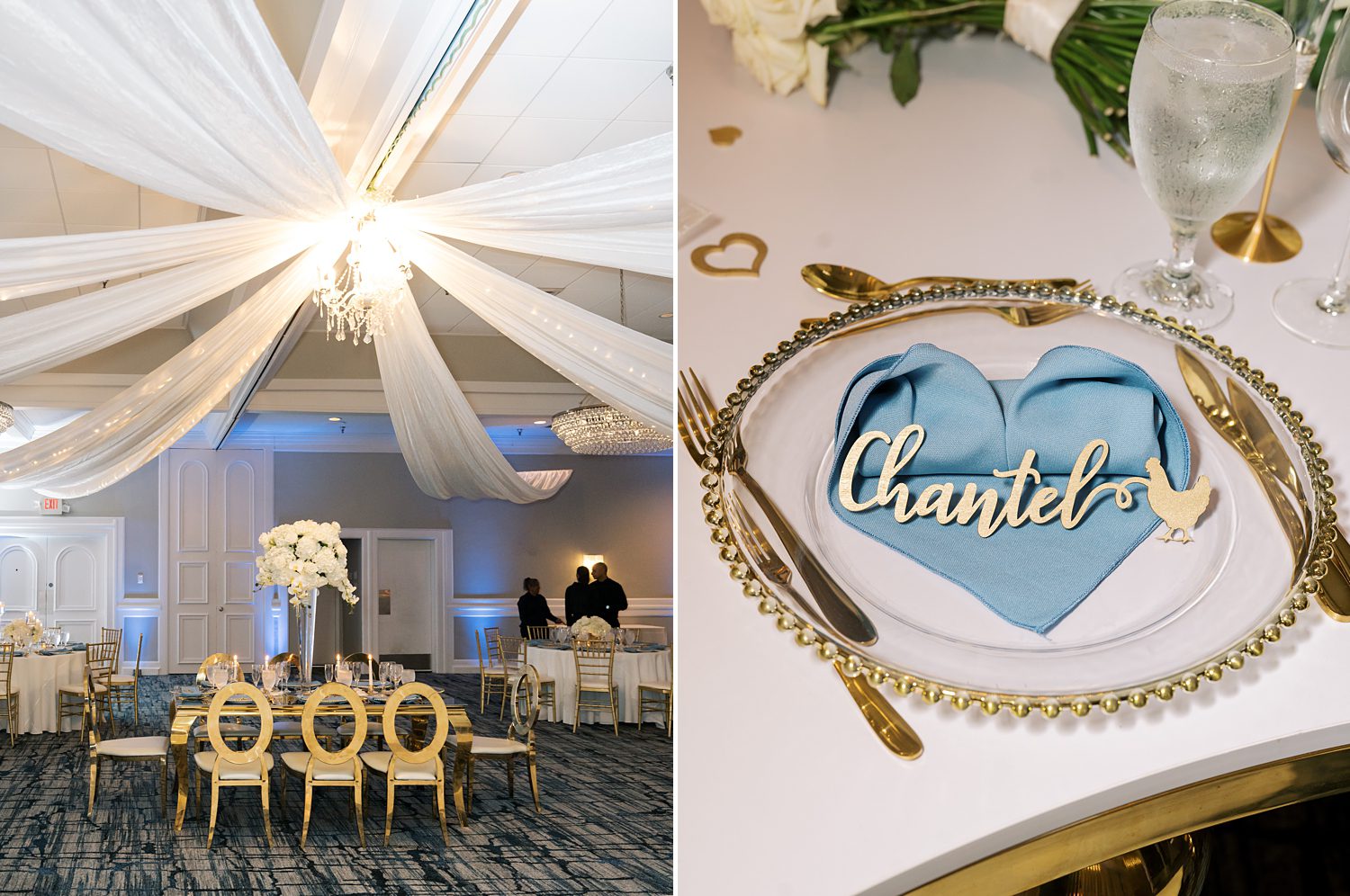 Rusty Pelican Tampa wedding reception with blue and gold palace settings