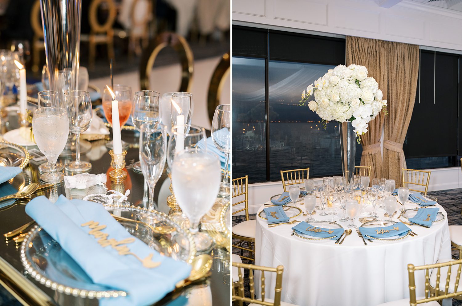 place settings for Rusty Pelican Tampa wedding reception with blue napkins and gold plates 