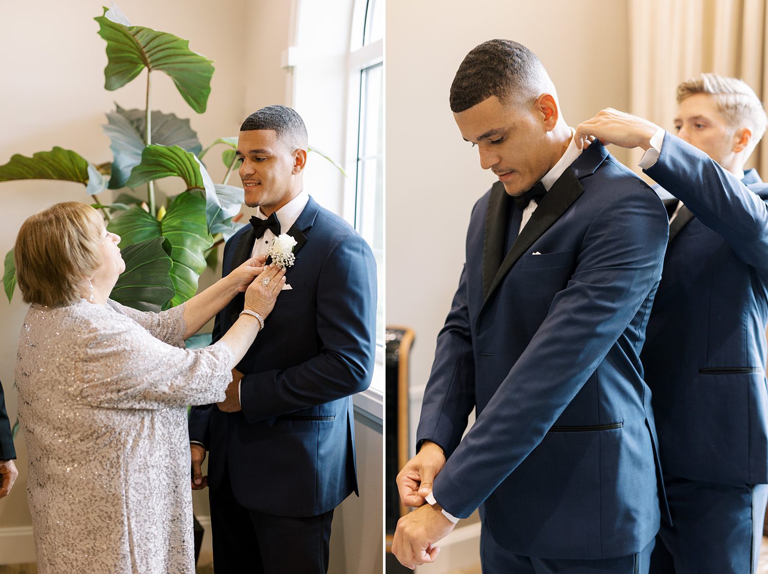 groom's mother and father help groom with tie and lapel of suit 