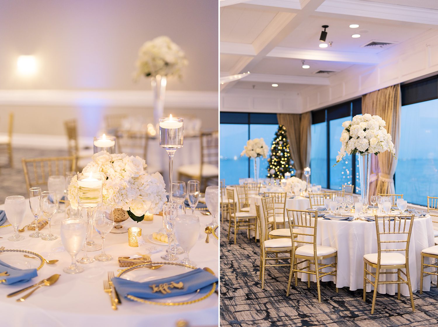 wedding reception with white flowers and blue napkins in Tampa FL