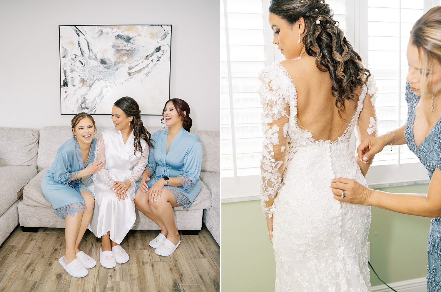 bride sits and laughs with bridesmaids in matching blue robes 