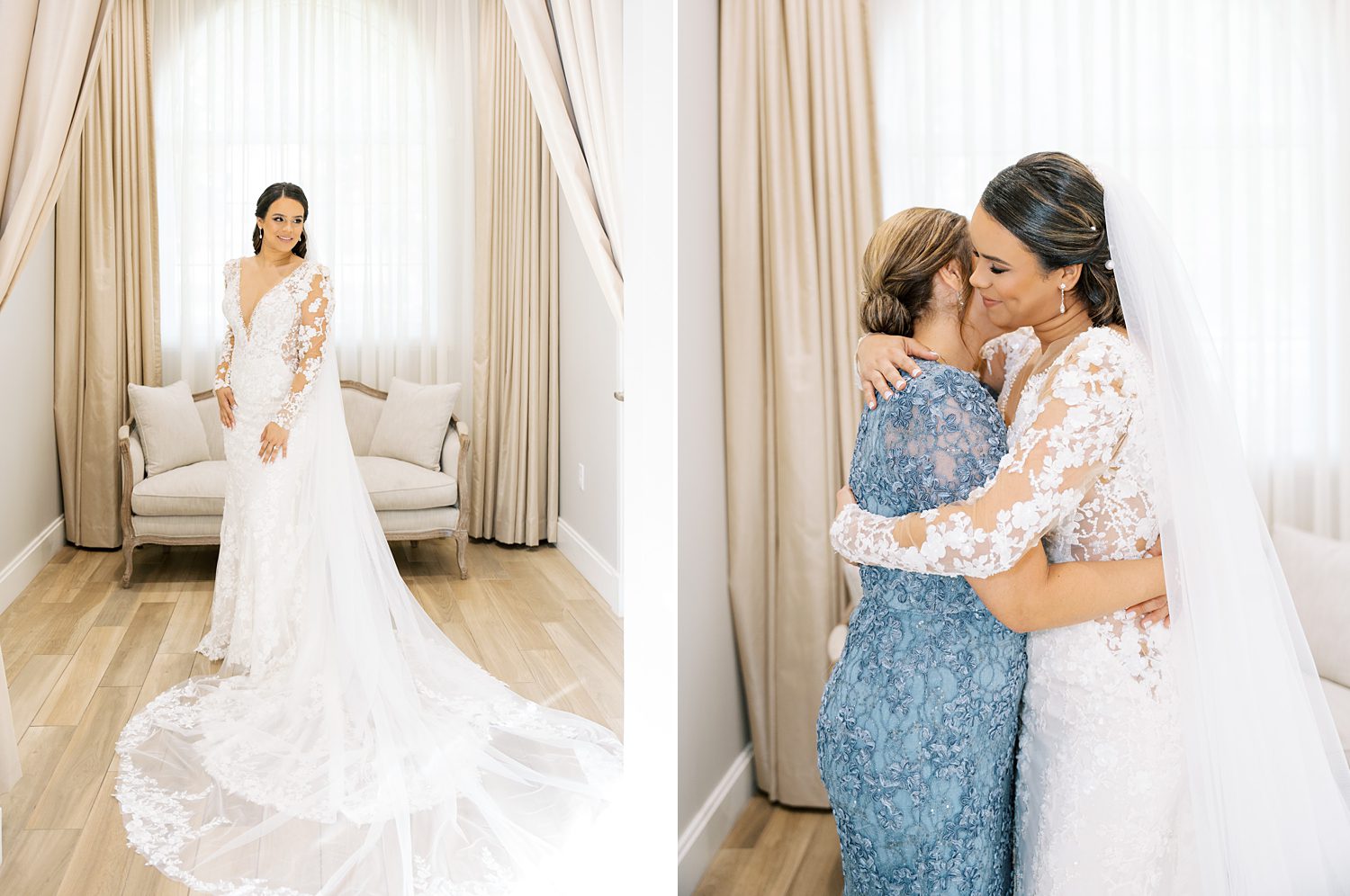 mother hugs bride after helping her prepare for wedding day