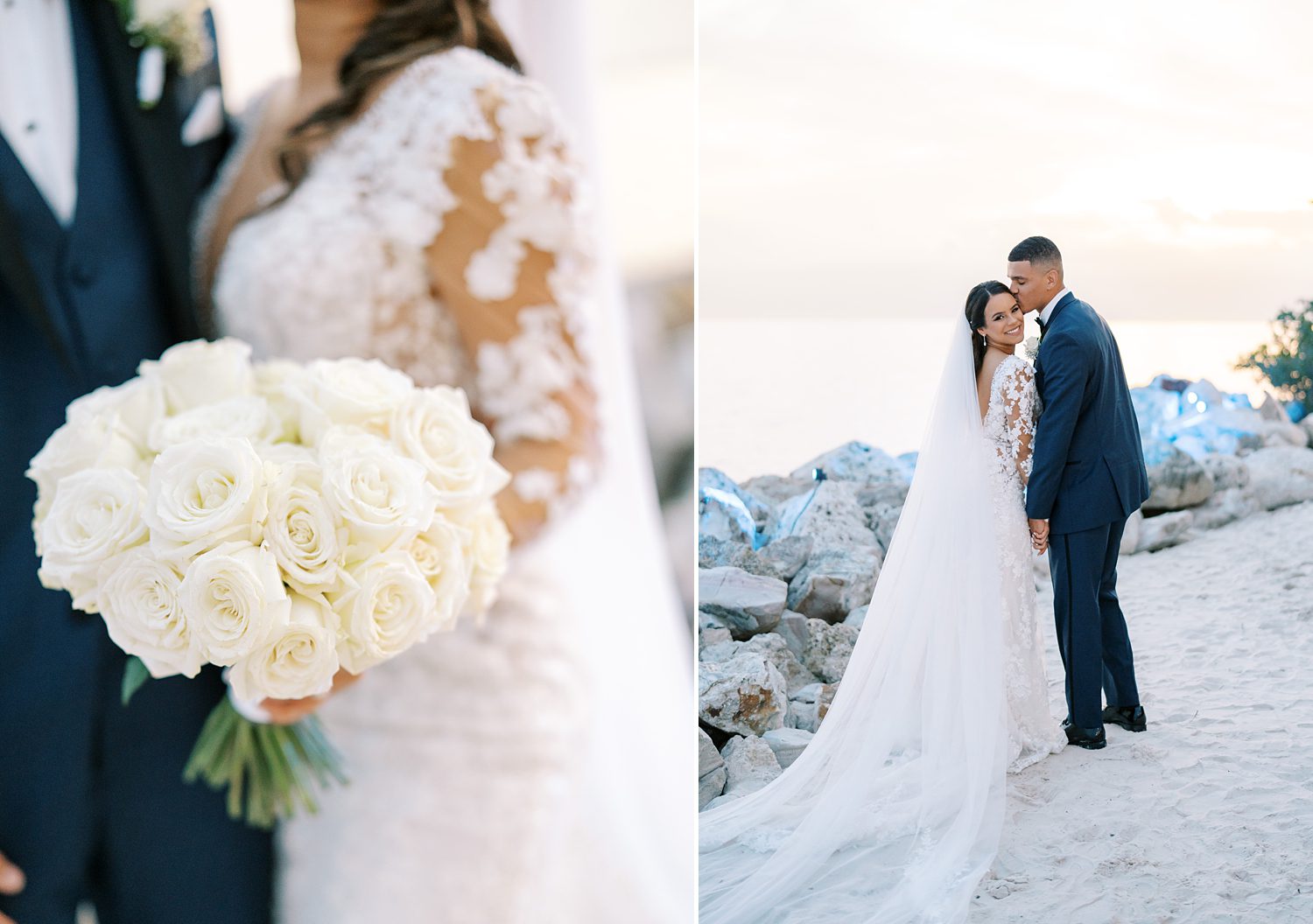 bride holds bouquet of ivory roses and walks with groom in Tampa FL