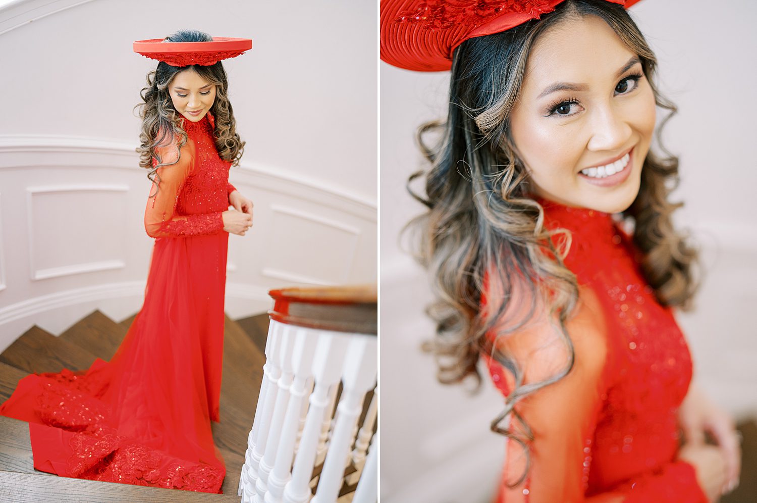 bride in traditional red Vietnamese wedding dress looks over shoulder on staircase inside the Tampa Yacht Club