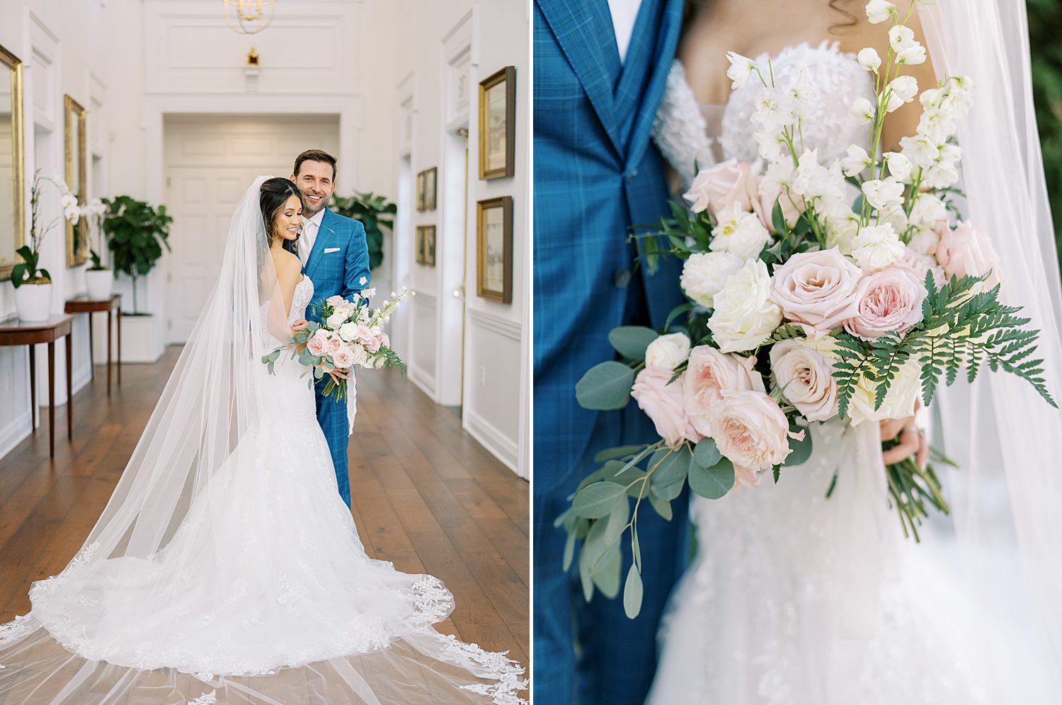 newlyweds hug in hallway of Tampa Yacht Club while bride holds bouquet of pink and white flowers 
