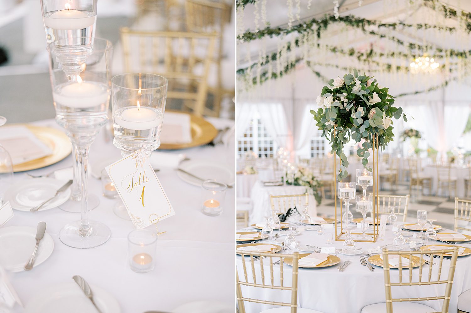 wedding reception at Tampa Yacht Club with gold and white accents 