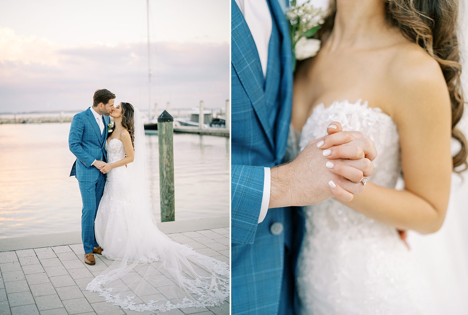 bride and groom hug on dock outside the Tampa Yacht Club