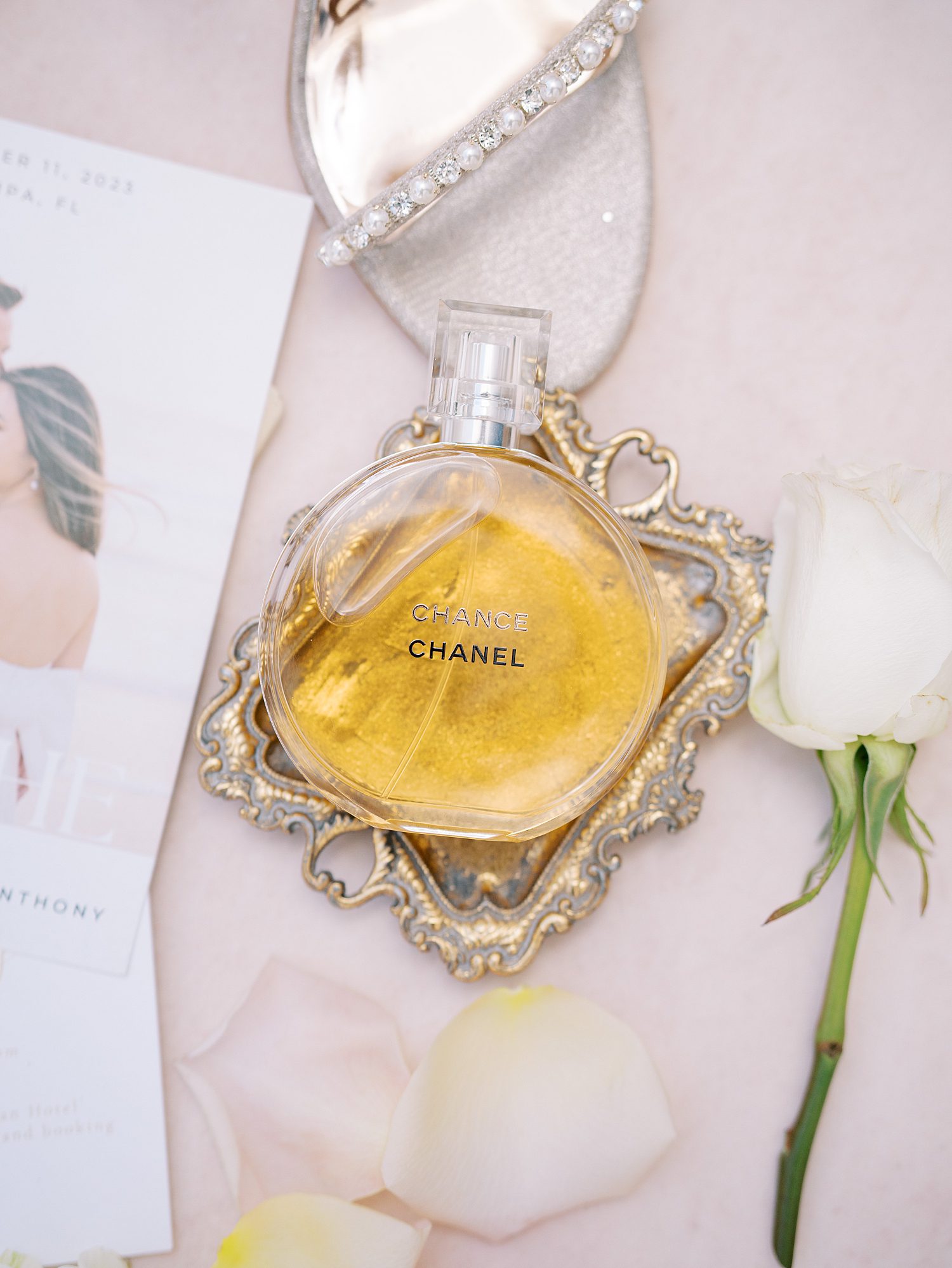 bride's Chanel perfume lays on silver tray at Tampa Yacht Club