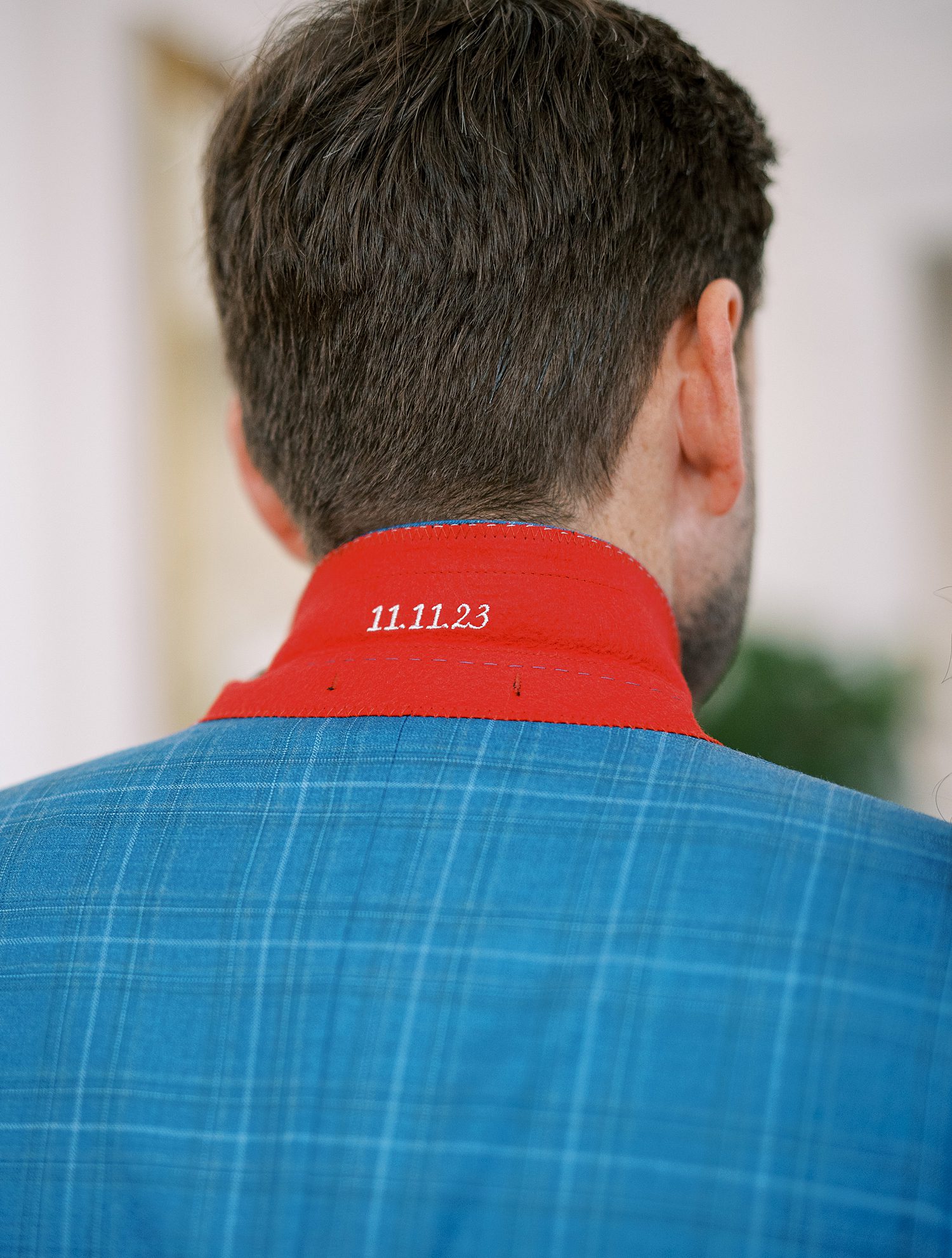 groom's custom jacket collar for fall wedding 