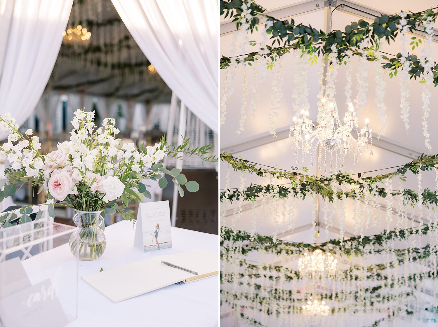 tented wedding reception with hanging greenery and white and pink flowers 