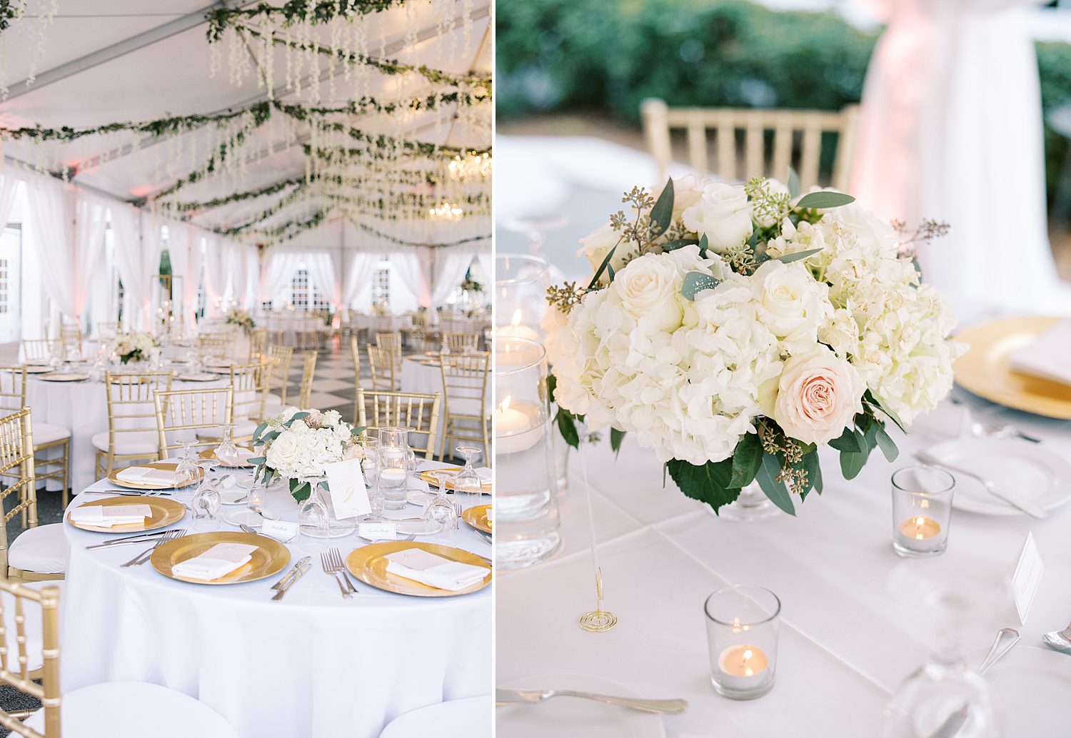 Tampa Yacht Club wedding reception with blush and ivory flower centerpieces 