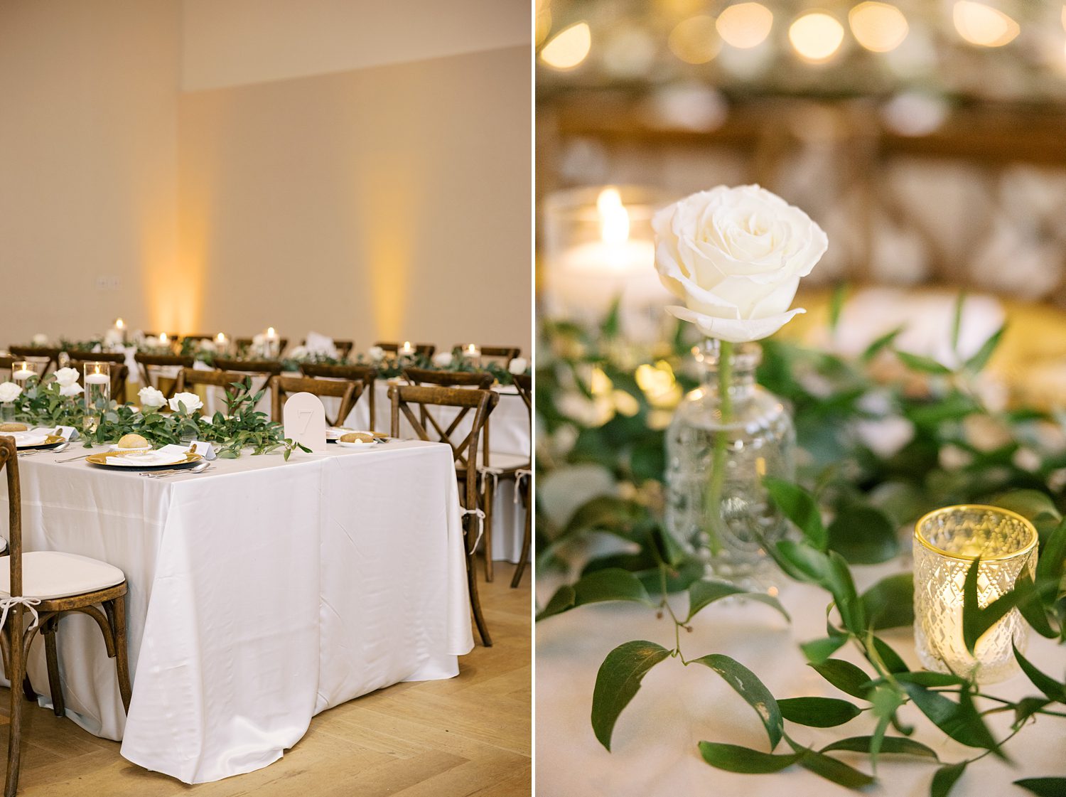 wedding reception at the Hotel Haya with ivory rose centerpieces 