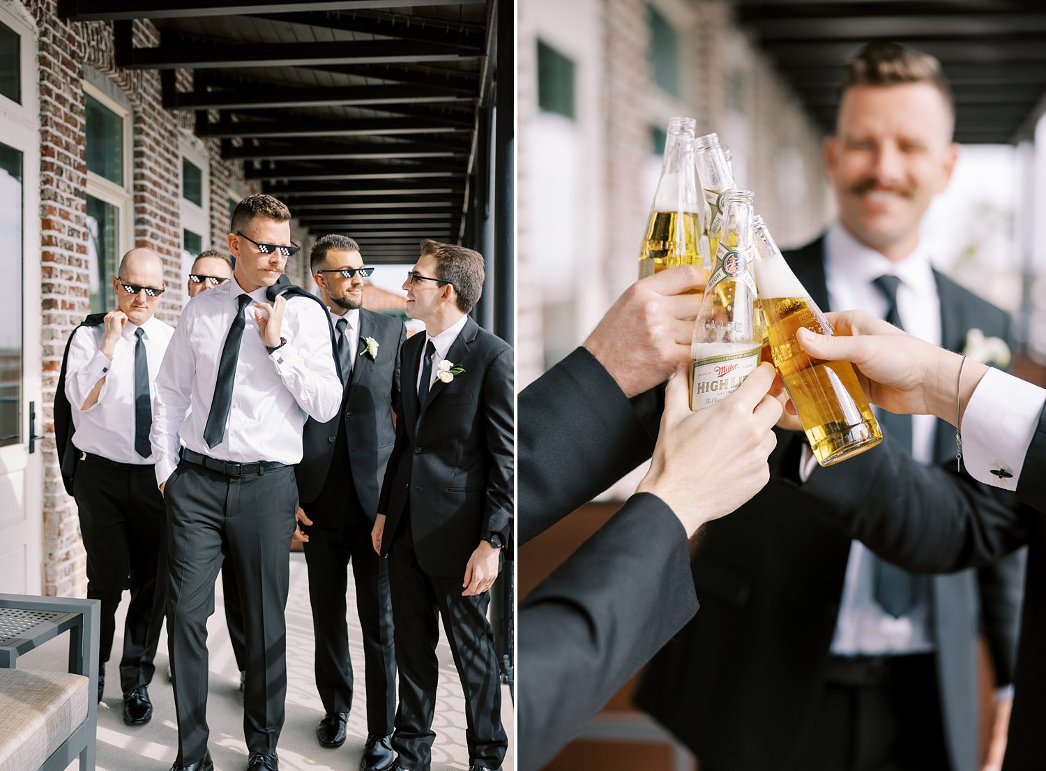 groom preps with groomsmen and toast beers at the Hotel Haya
