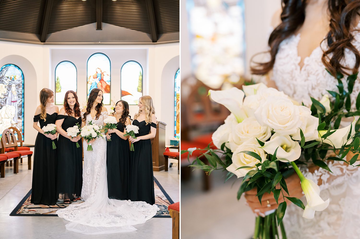 bride stands in Tampa church with bridesmaids in black gowns 