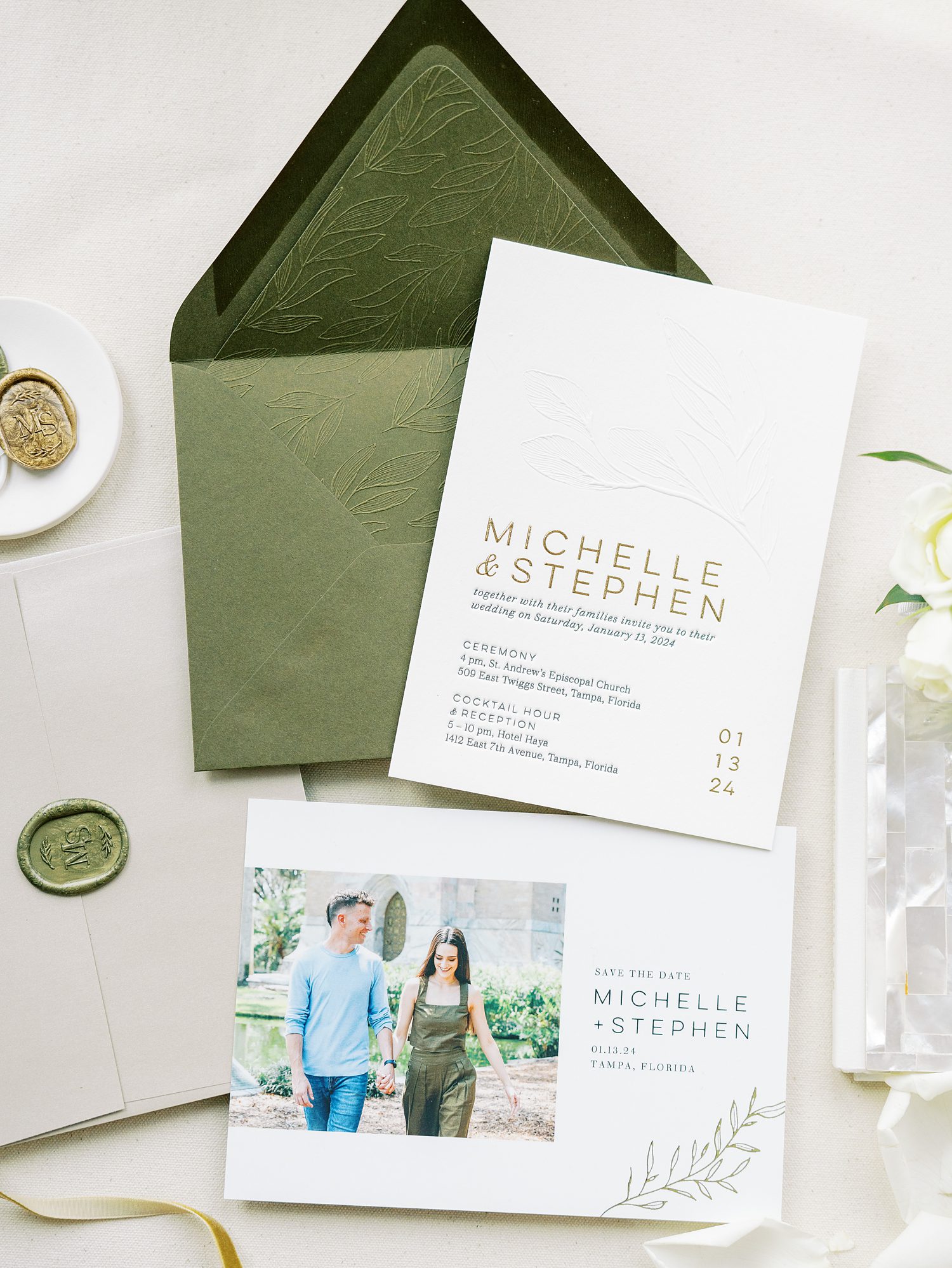sage green and ivory wedding invitation in Tampa FL