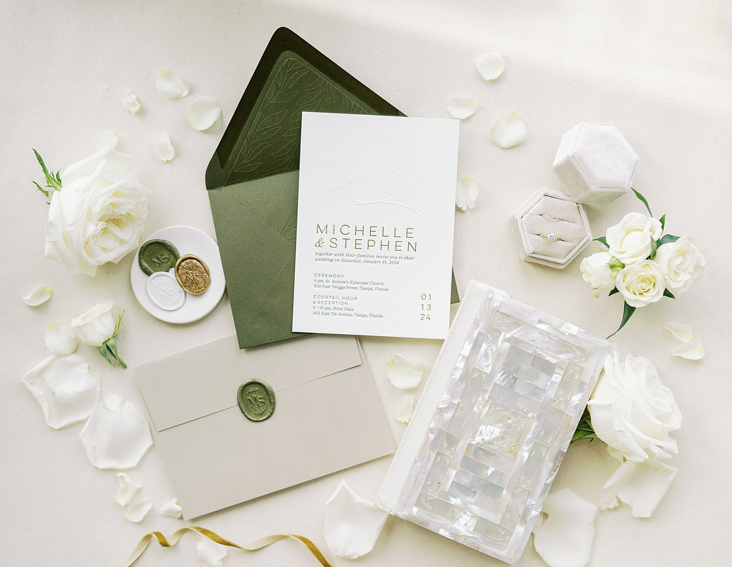 sage green and ivory invitation suite for spring wedding at the Hotel Haya