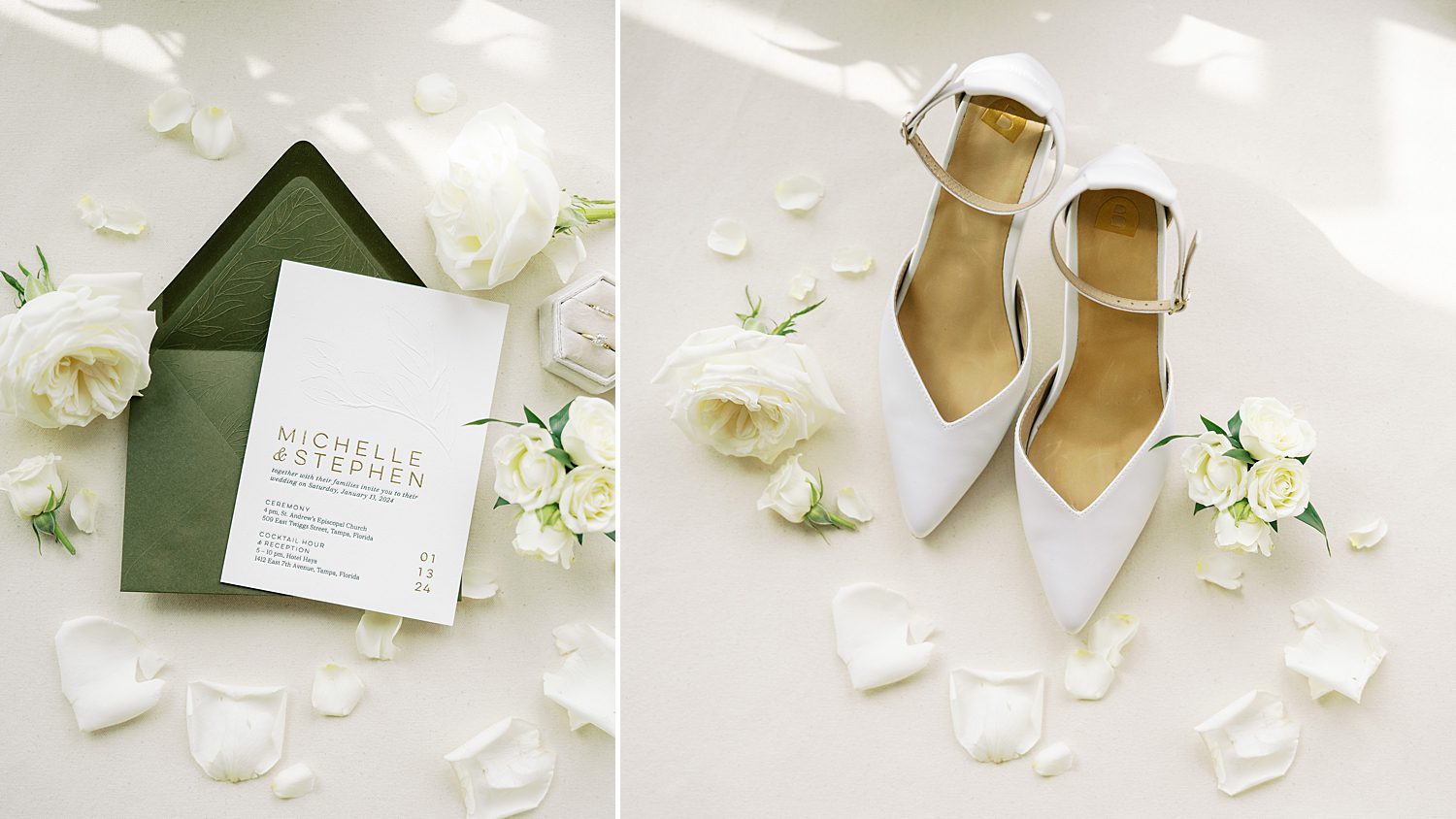 bride's white shoes and green and white invitation suite at the Hotel Haya