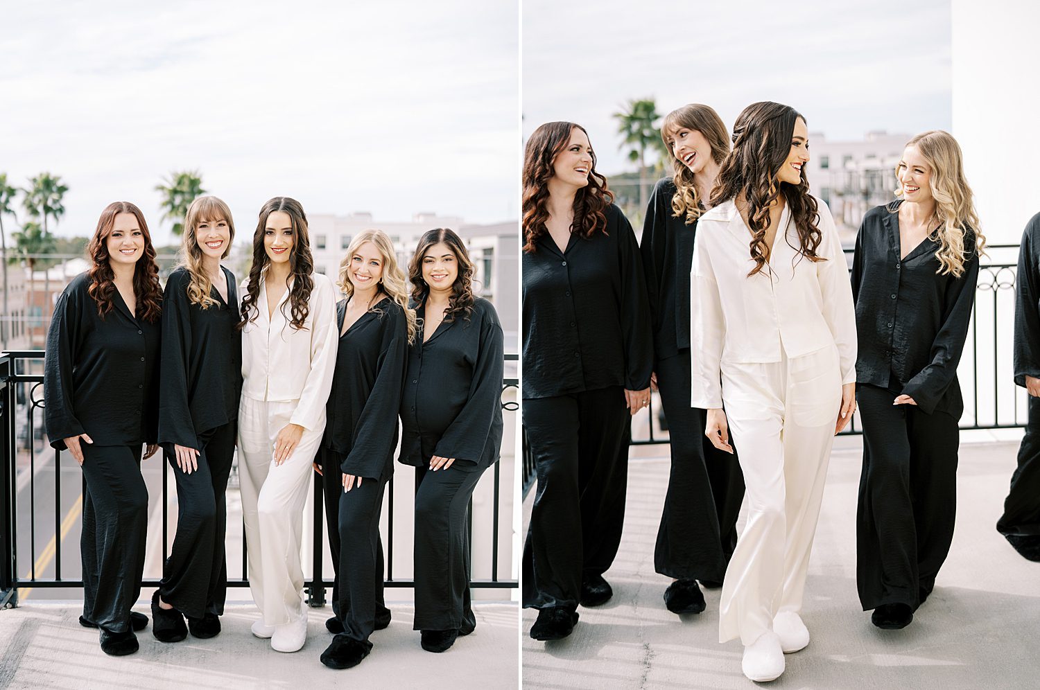 bride poses with bridesmaids in black pajamas on balcony of the Hotel Haya