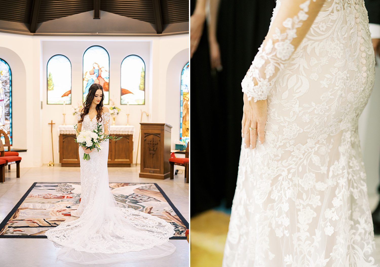 bride stands inside St. Andrews Episcopal Church in Tampa FL looking over shoulder 