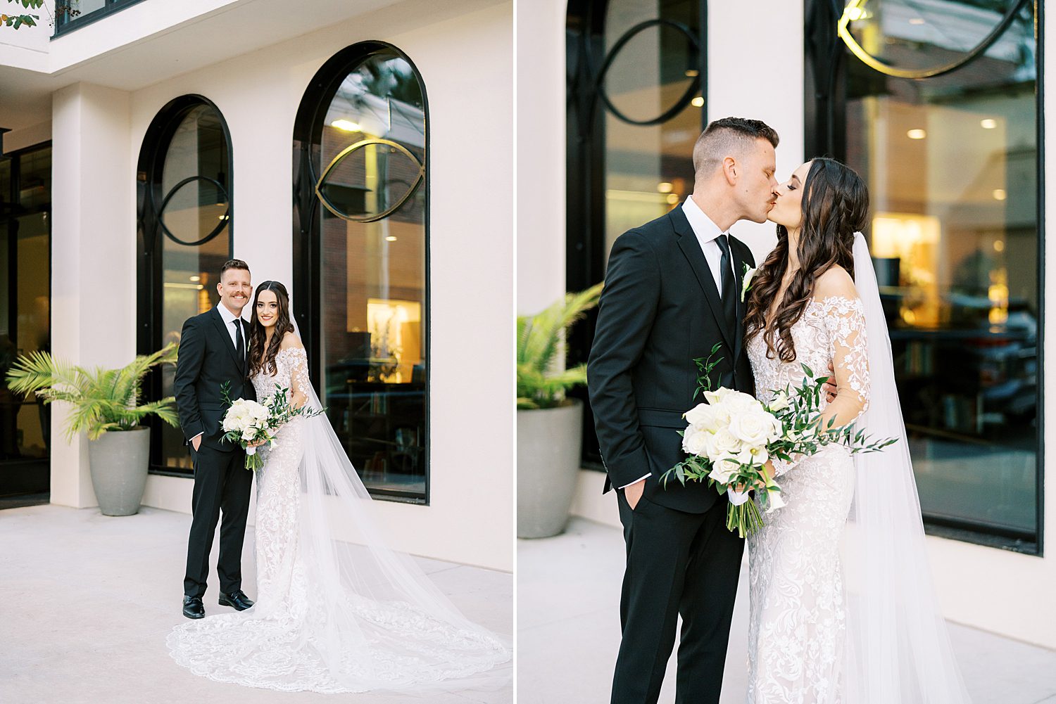 newlyweds kiss in front of archway windows at the Hotel Haya
