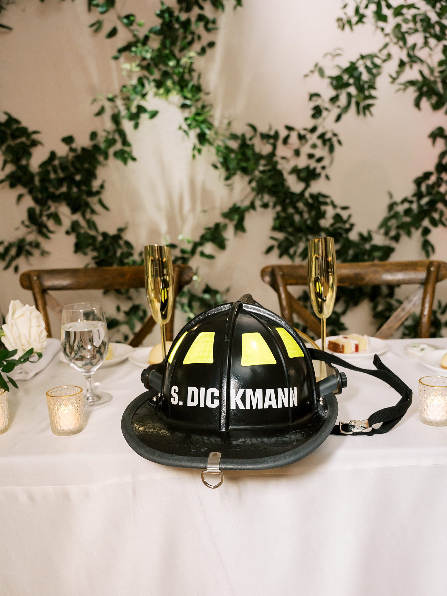 fireman's hat lays on table inside the Hotel Haya